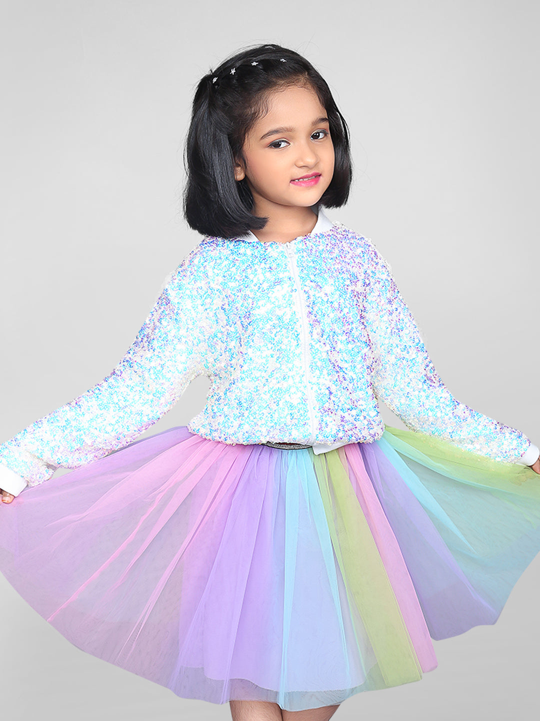 White Zipper with Rainbow Color Skirt Full Sleeve Jersey Knit Co-ord Set