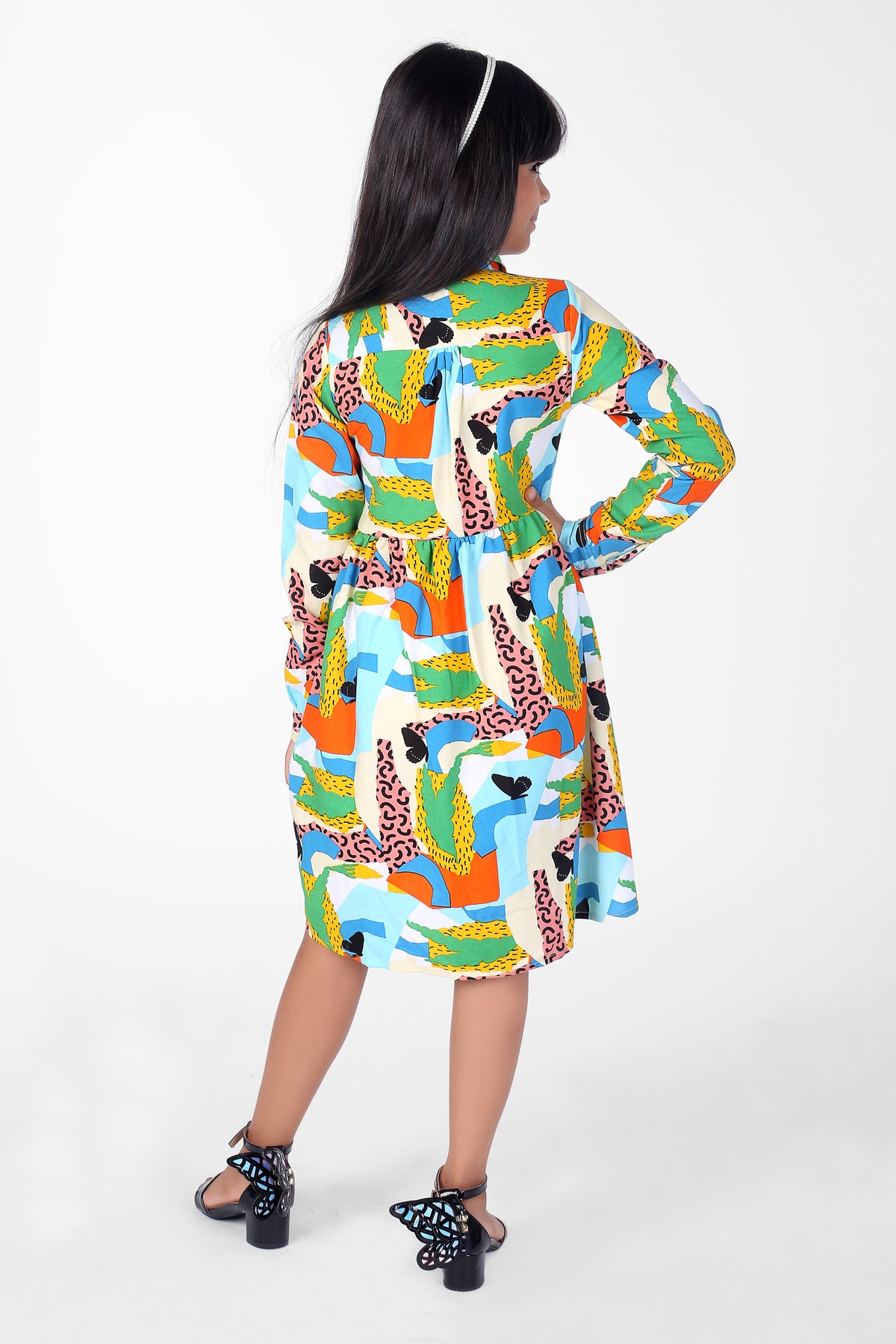 Multicolor Abstract Print Multi-Color Full-Sleeve Girls Dress with Collar