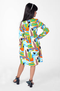 Multicolor Abstract Print Multi-Color Full-Sleeve Girls Dress with Collar