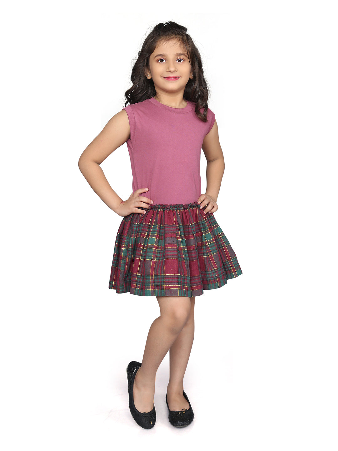 Purple Cotton Dress with Checks Pattern Girls Design