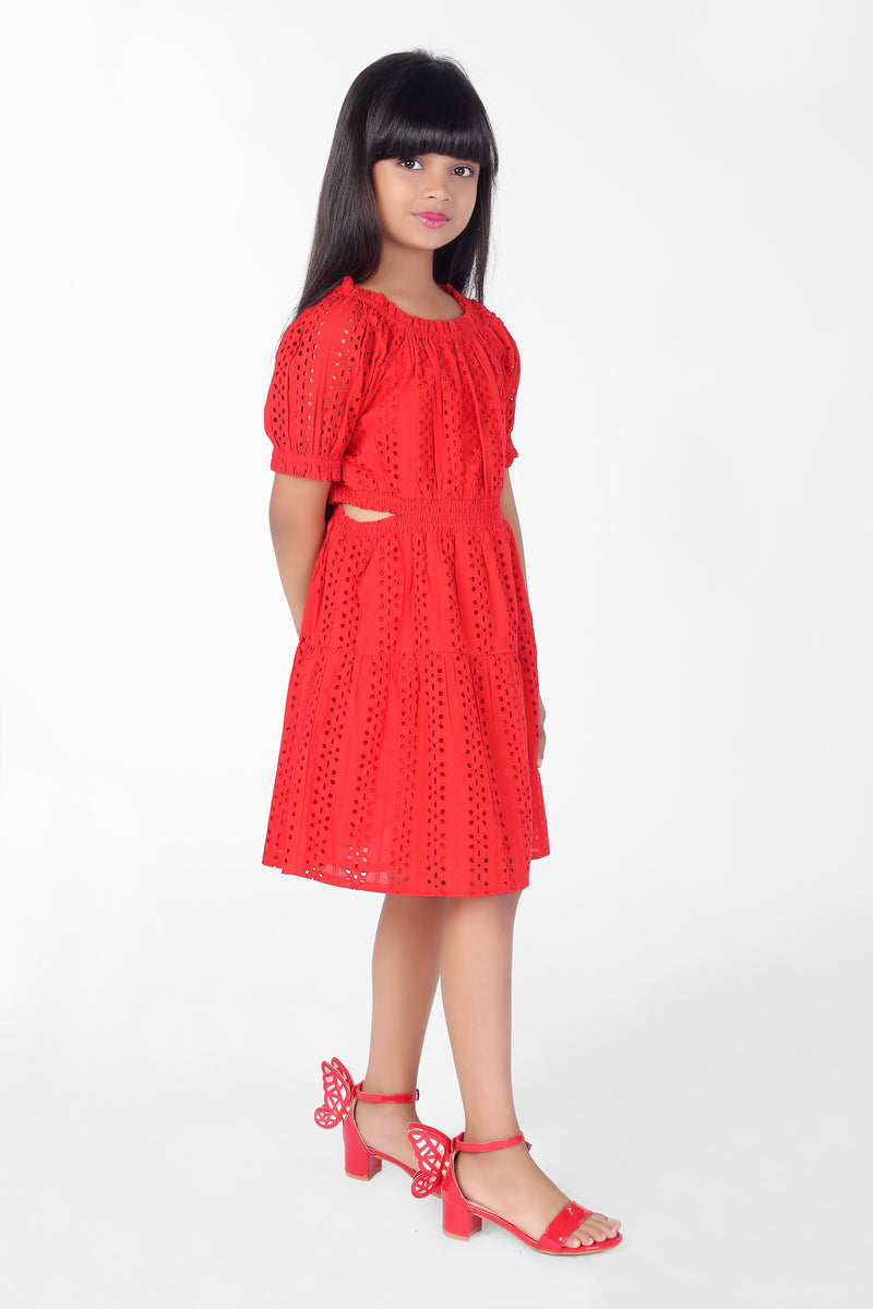 Red Schiffli Cotton Cutout Summer Girls Dress