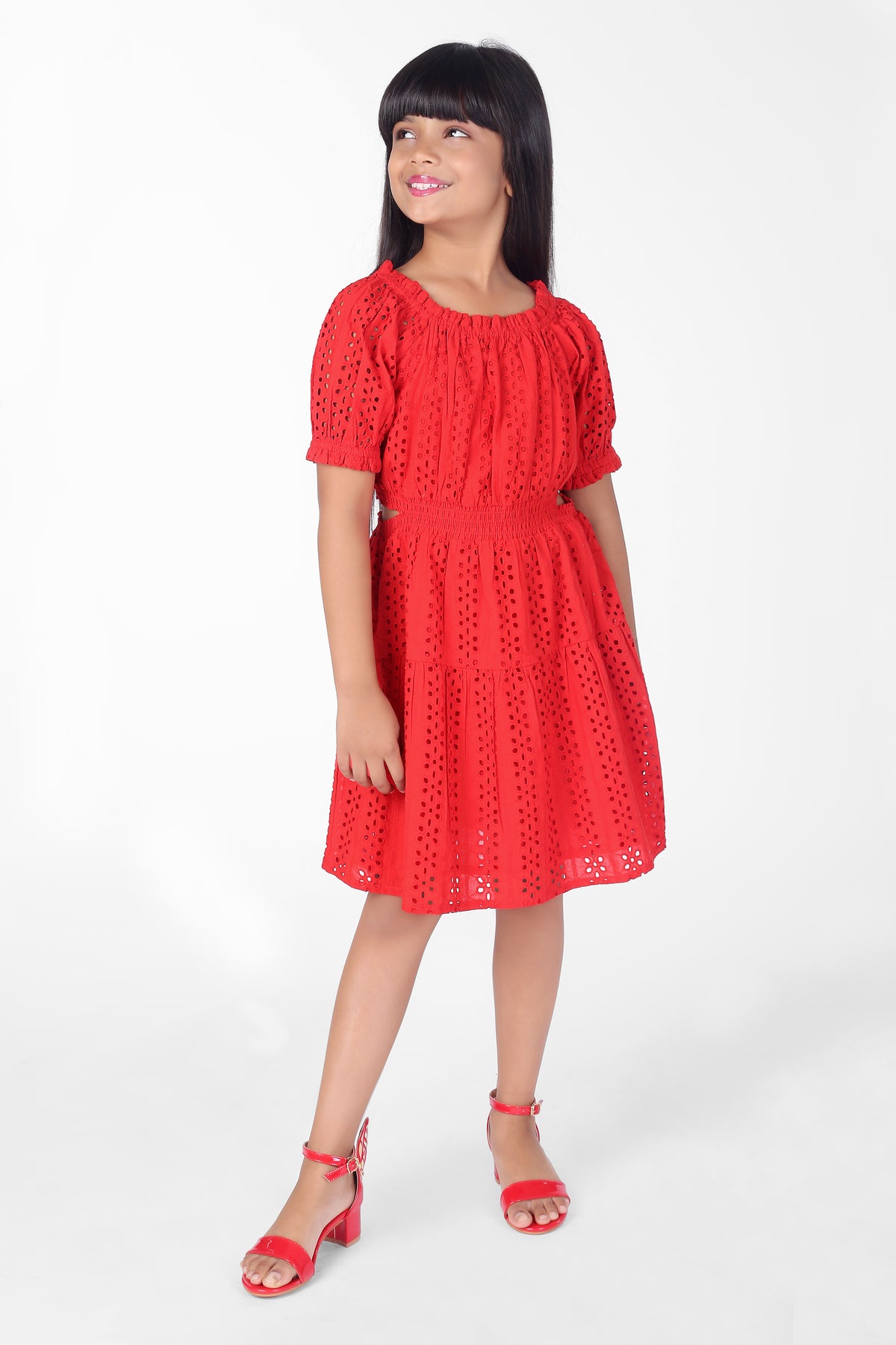 Red Schiffli Cotton Cutout Summer Girls Dress