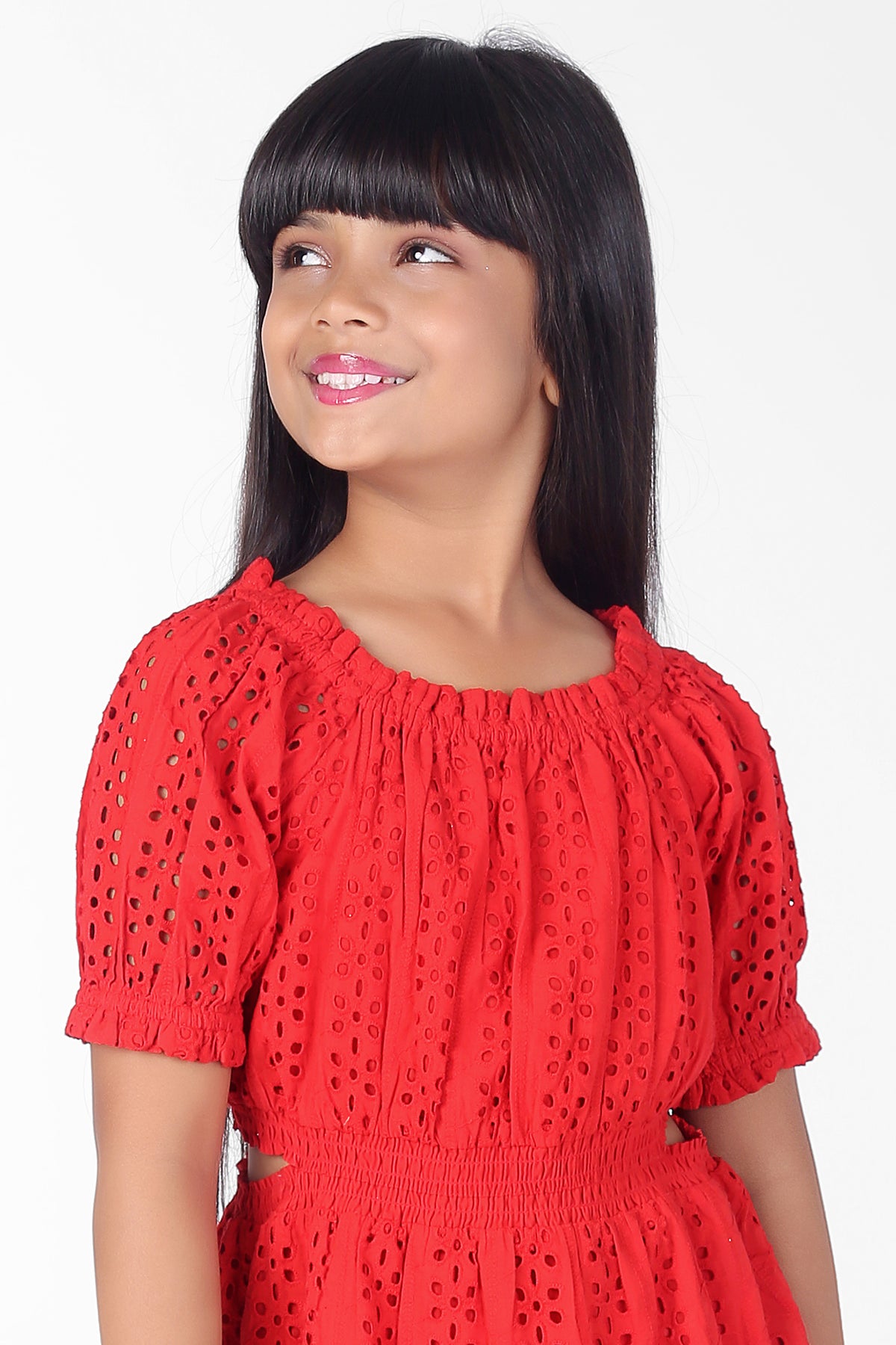 Red Schiffli Cotton Cutout Summer Girls Dress