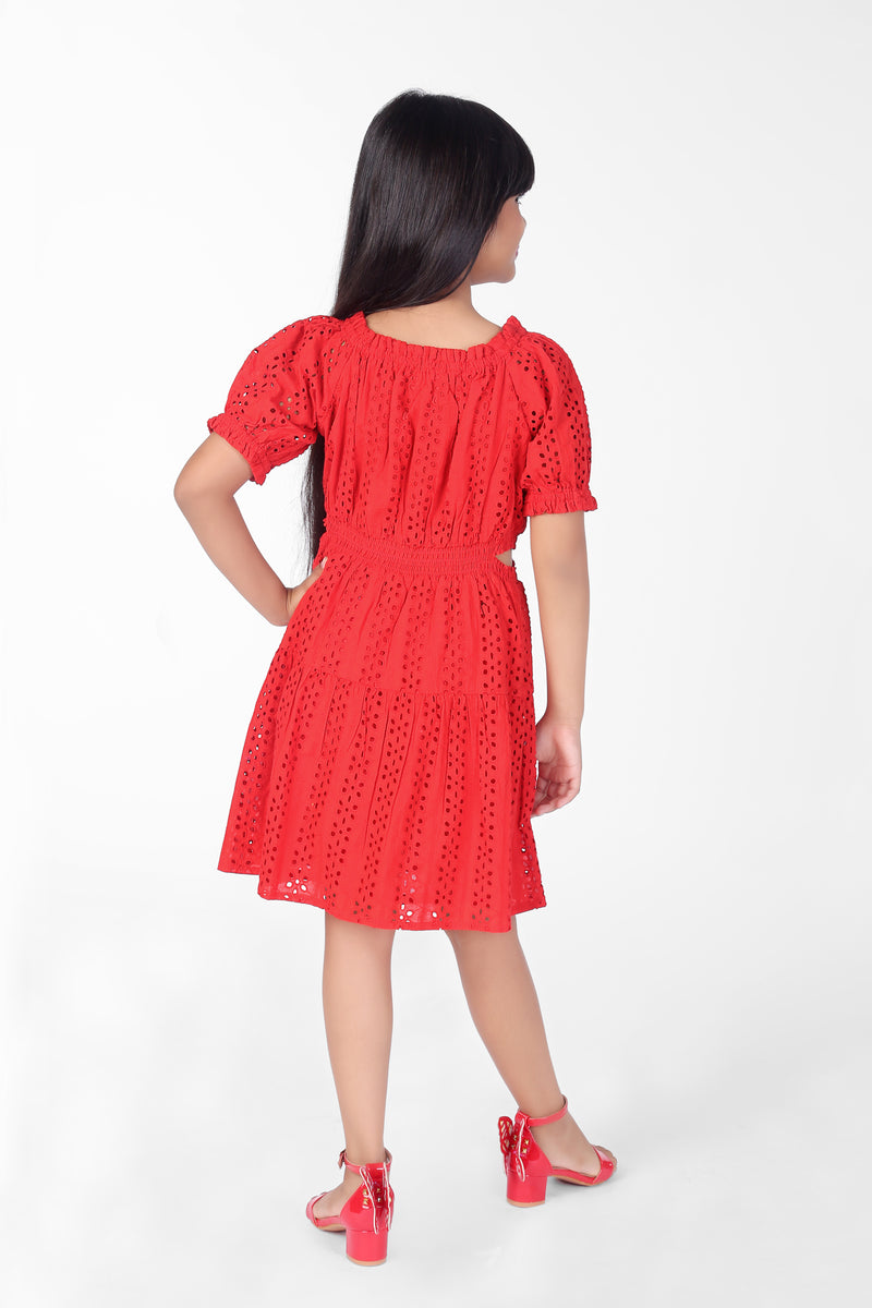 Red Schiffli Cotton Cutout Summer Girls Dress