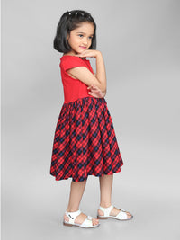 Red Half Sleeve Checks Printed Girls Dress