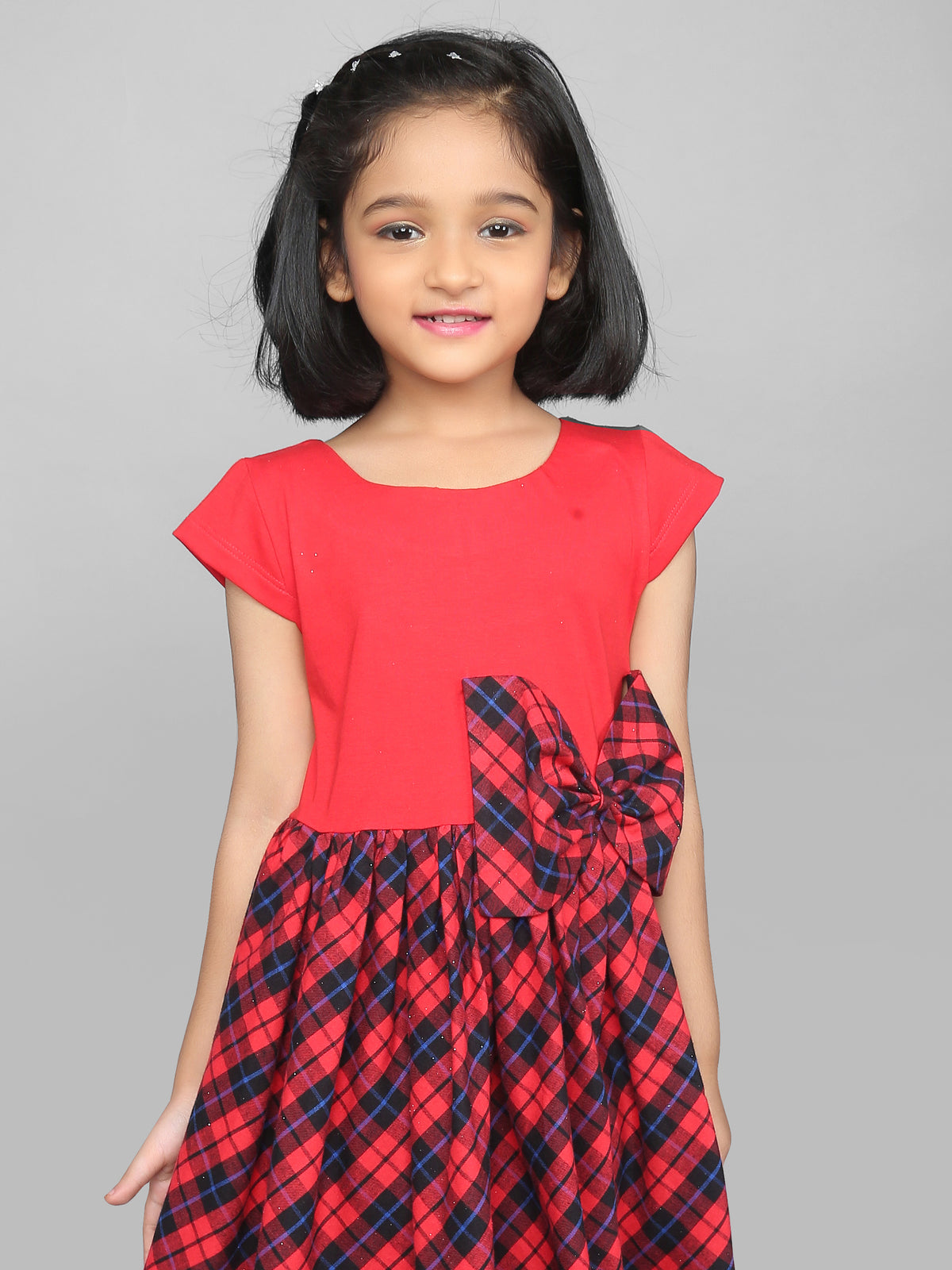 Red Half Sleeve Checks Printed Girls Dress