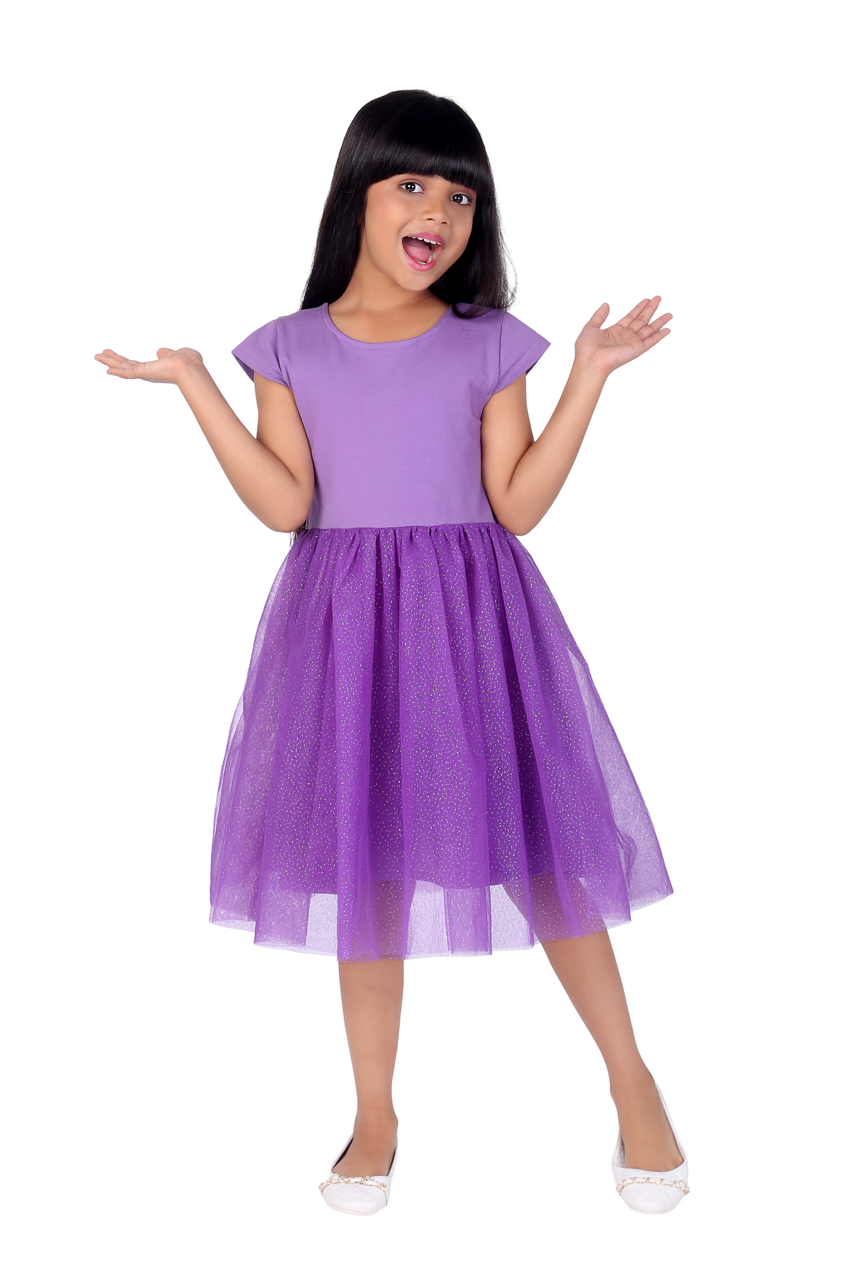 Purple Flare Shimmer Half Sleeve Tulle Girls Dress