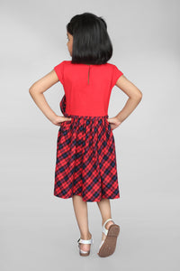 Red Half Sleeve Checks Printed Girls Dress