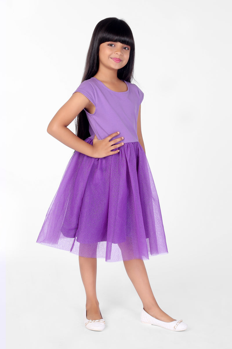 Purple Flare Shimmer Half Sleeve Tulle Girls Dress