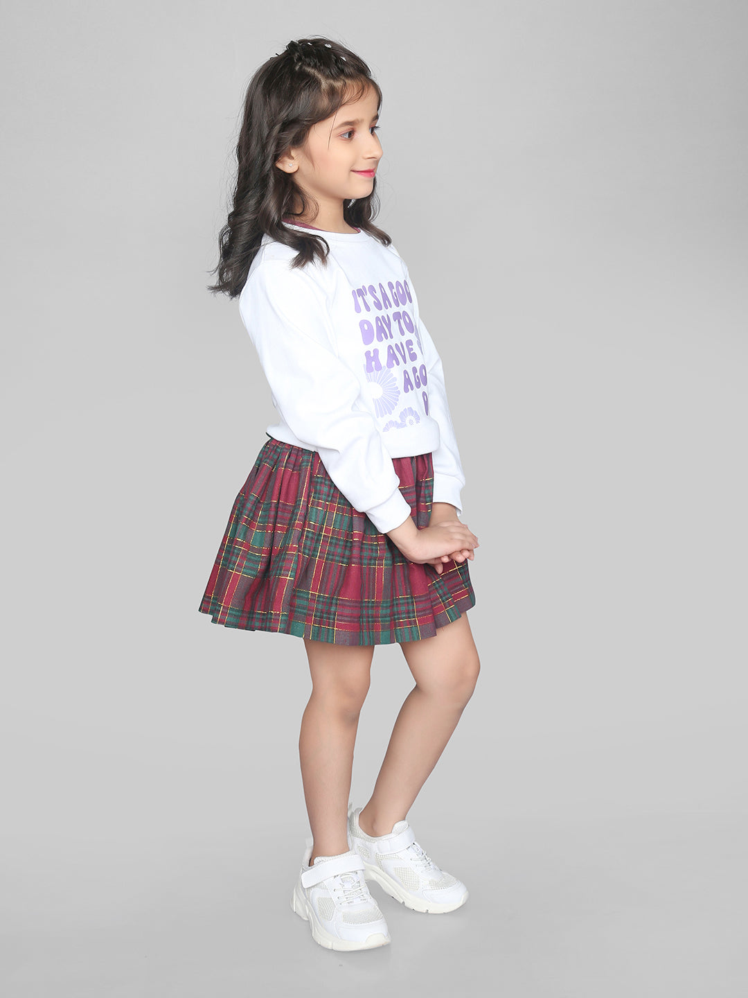 White Full Sleeve Printed Jumper with Checks at Bottom Girls Dress