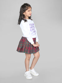 White Full Sleeve Printed Jumper with Checks at Bottom Girls Dress