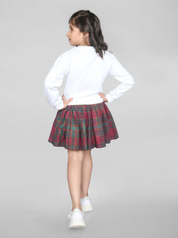 White Full Sleeve Printed Jumper with Checks at Bottom Girls Dress