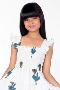 White Dandelion Print Cotton Sleeveless Girls Dress