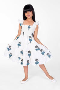 White Dandelion Print Cotton Sleeveless Girls Dress