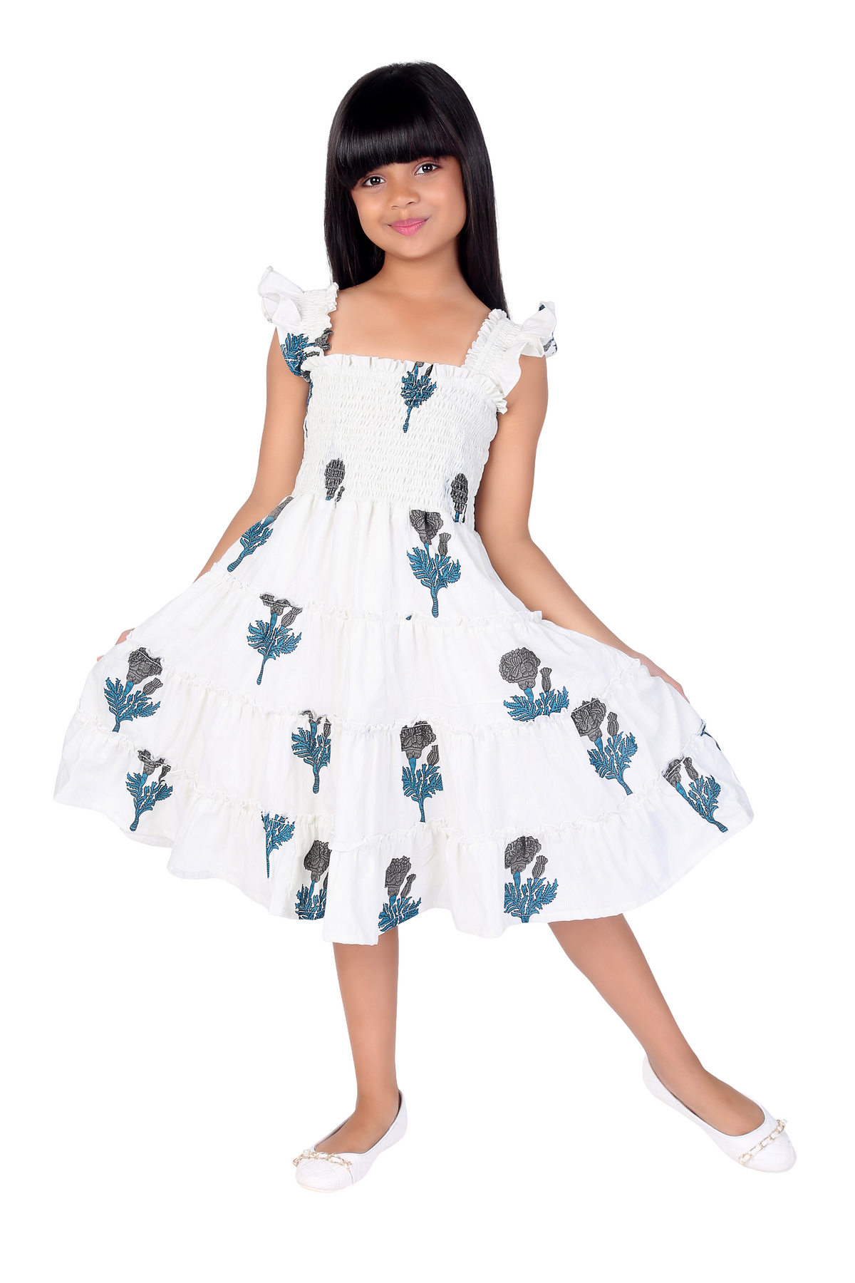 White Dandelion Print Cotton Sleeveless Girls Dress