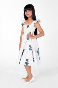 White Dandelion Print Cotton Sleeveless Girls Dress