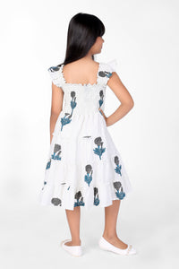 White Dandelion Print Cotton Sleeveless Girls Dress