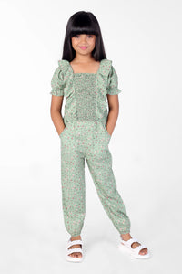 Green Ruffle Design Sleeve Girls Jumpsuit