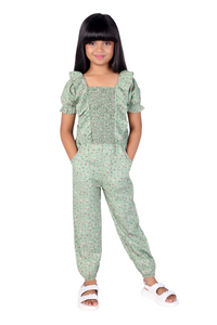 Green Ruffle Design Sleeve Girls Jumpsuit