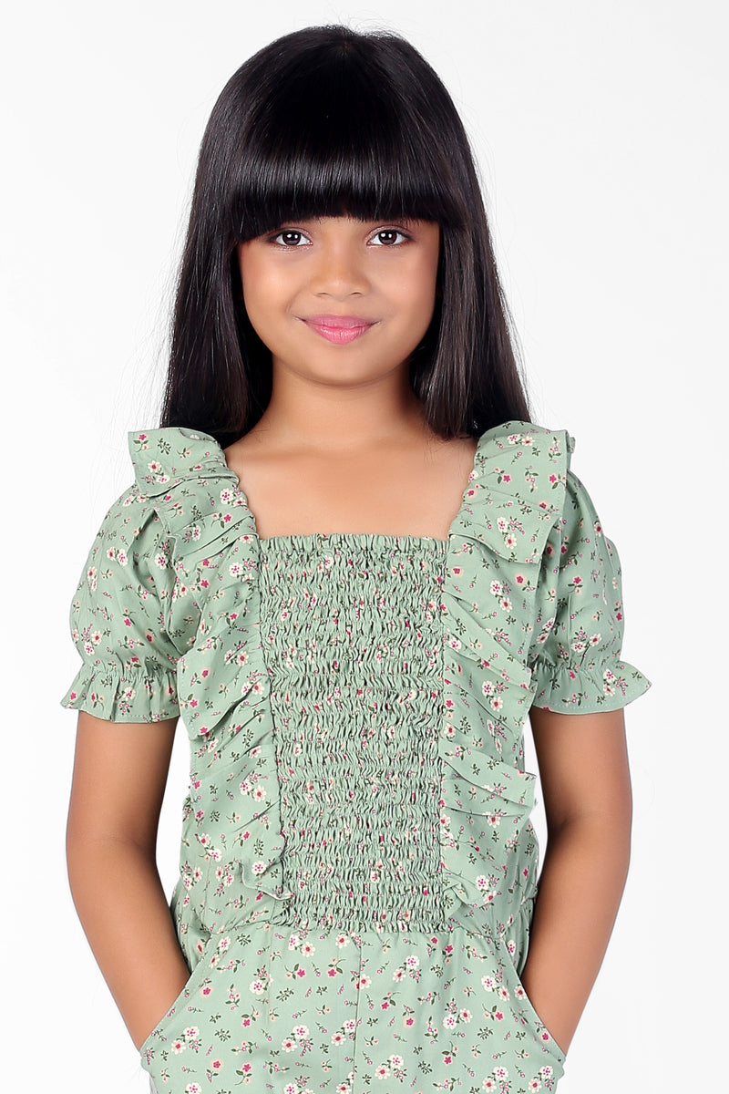 Green Ruffle Design Sleeve Girls Jumpsuit