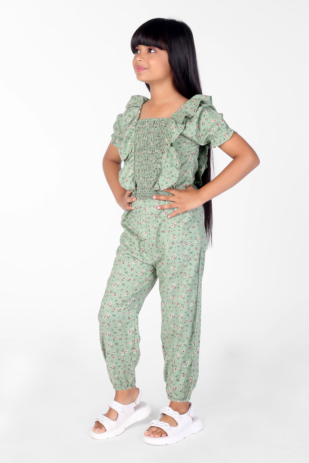 Green Ruffle Design Sleeve Girls Jumpsuit