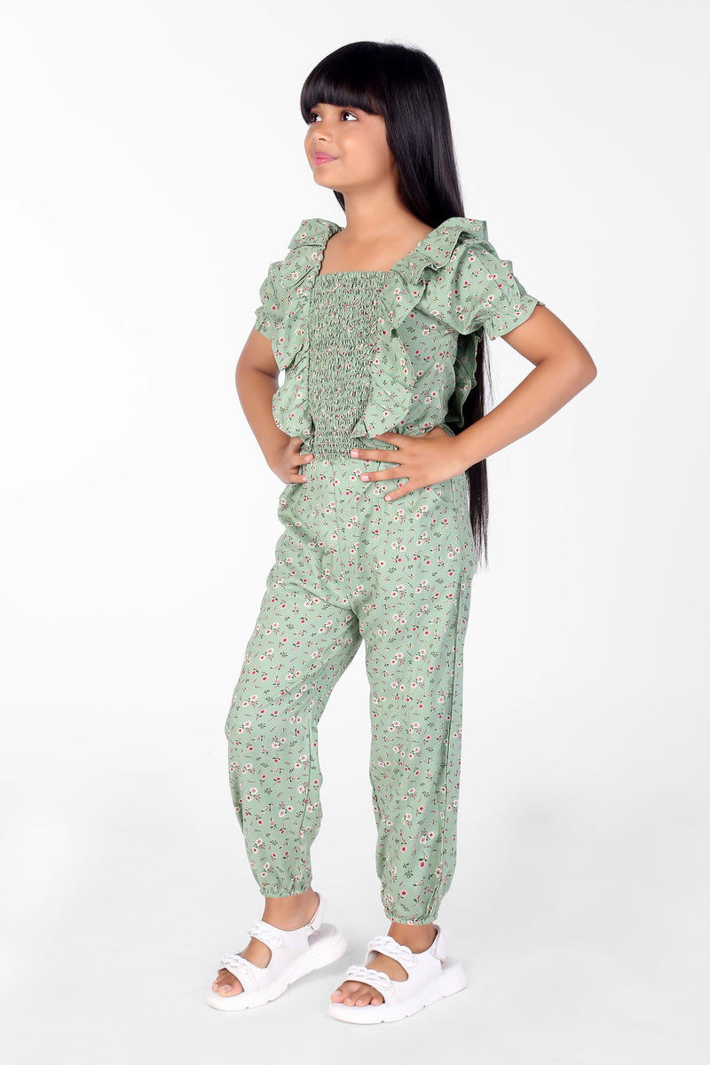 Green Ruffle Design Sleeve Girls Jumpsuit