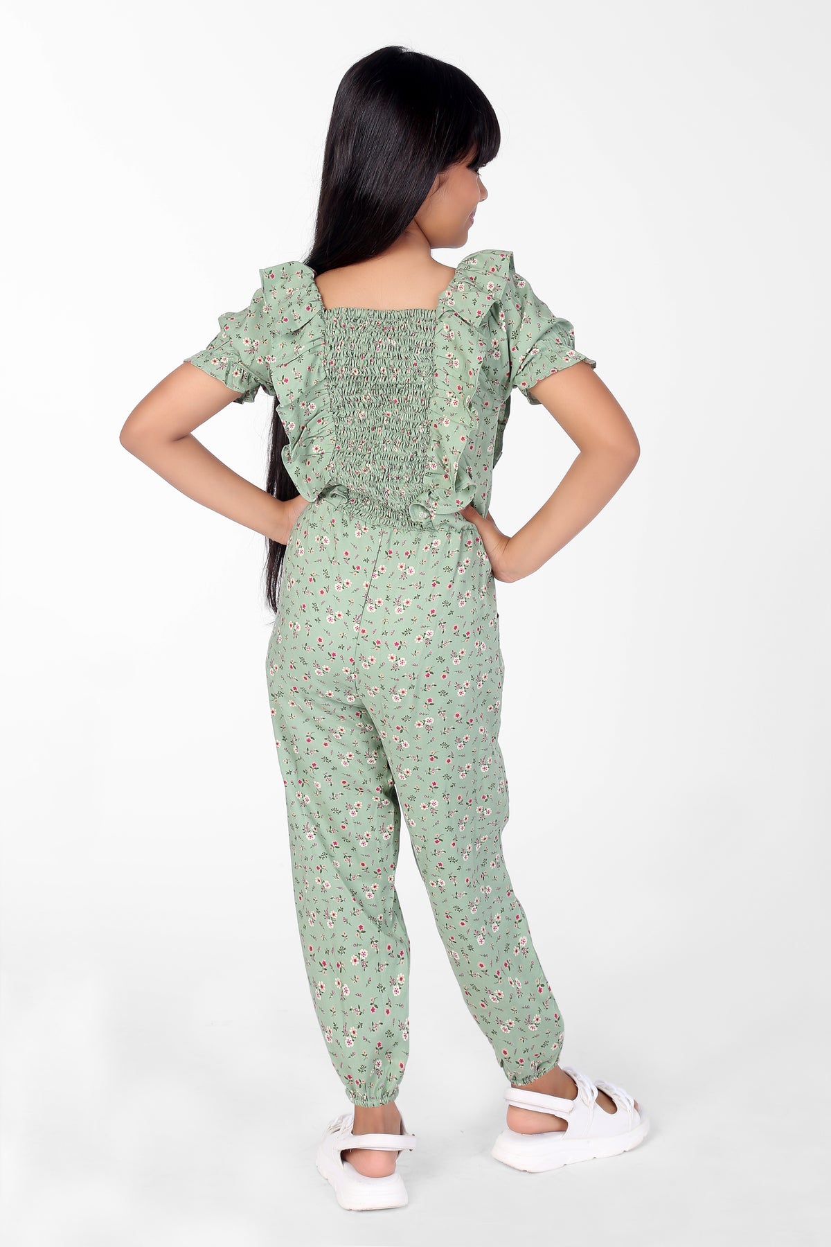 Green Ruffle Design Sleeve Girls Jumpsuit