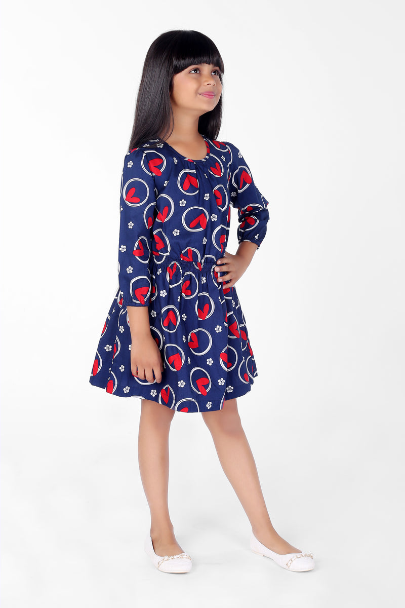 Blue Cotton With Red Heart Print Dress