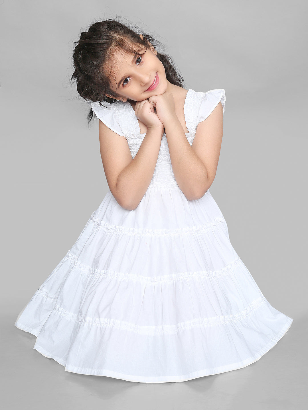 White Half Sleeve Ruffle Trim Smocked Girls Dress