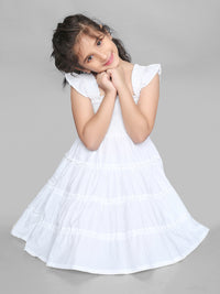 White Half Sleeve Ruffle Trim Smocked Girls Dress