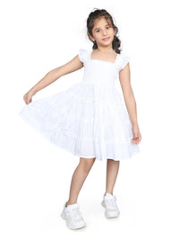 White Half Sleeve Ruffle Trim Smocked Girls Dress