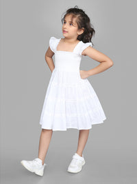 White Half Sleeve Ruffle Trim Smocked Girls Dress