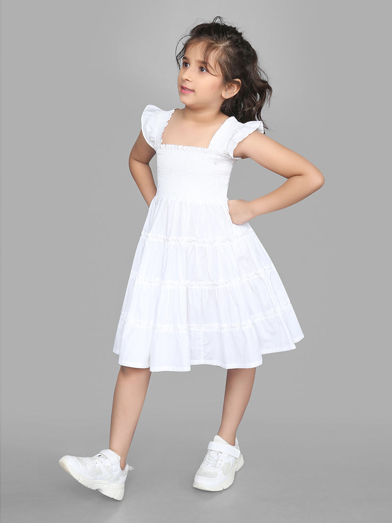 White Half Sleeve Ruffle Trim Smocked Girls Dress