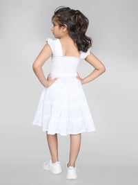 White Half Sleeve Ruffle Trim Smocked Girls Dress