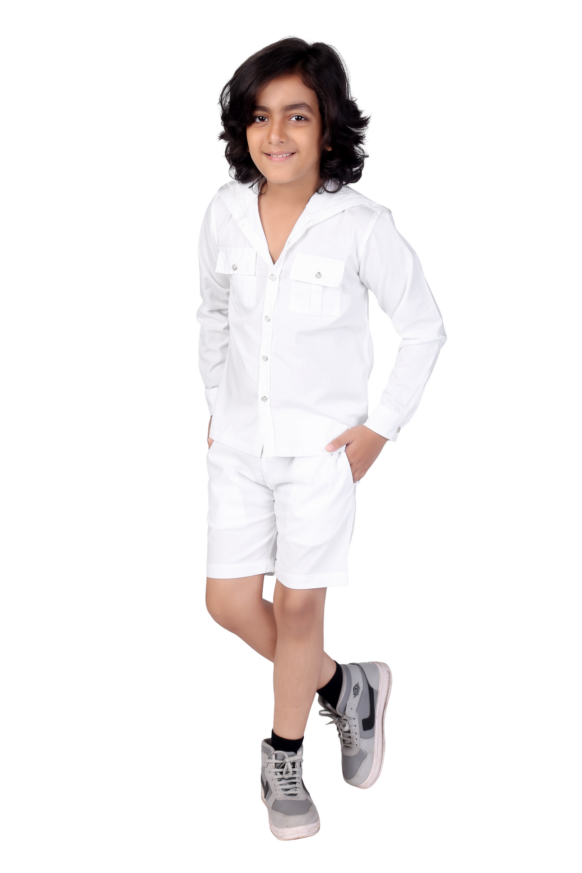 White Full Sleeve Hoodie & Shorts Boys Co-ord Set