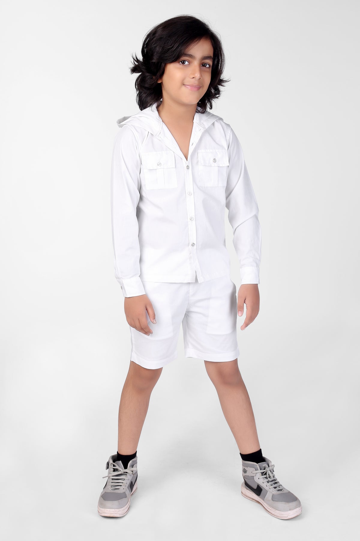 White Full Sleeve Hoodie & Shorts Boys Co-ord Set