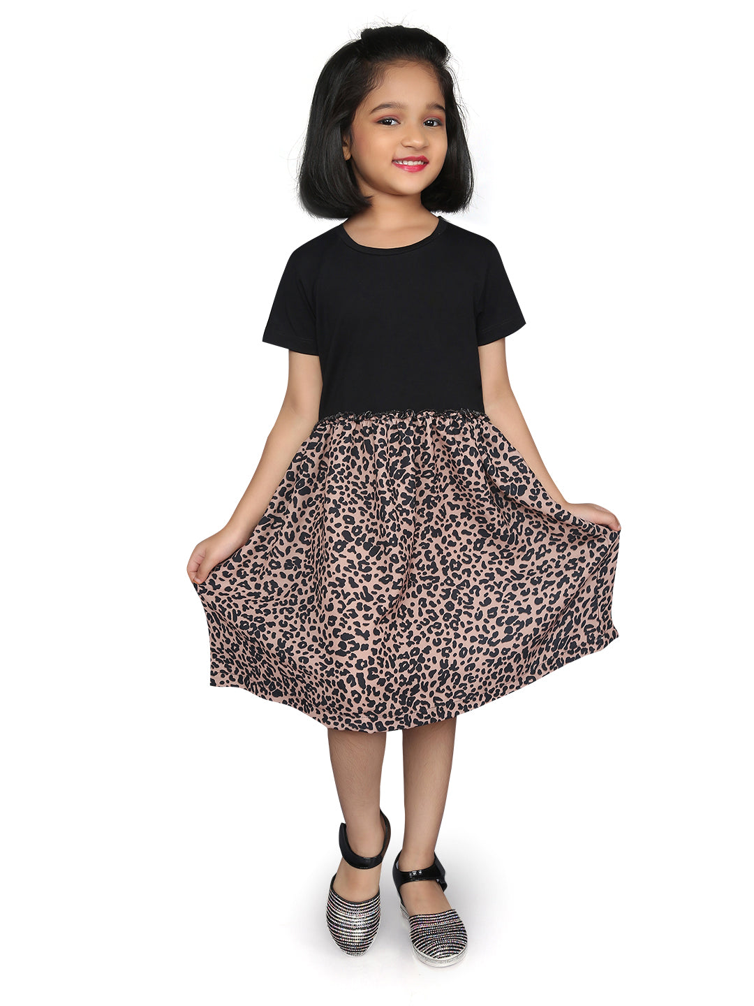 Black Half Sleeve Leopard Printed Dress