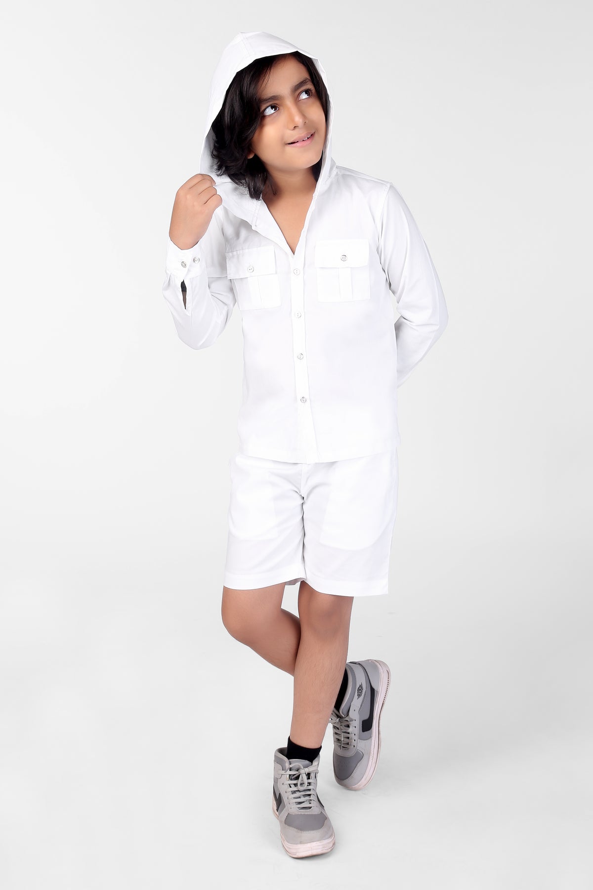 White Full Sleeve Hoodie & Shorts Boys Co-ord Set