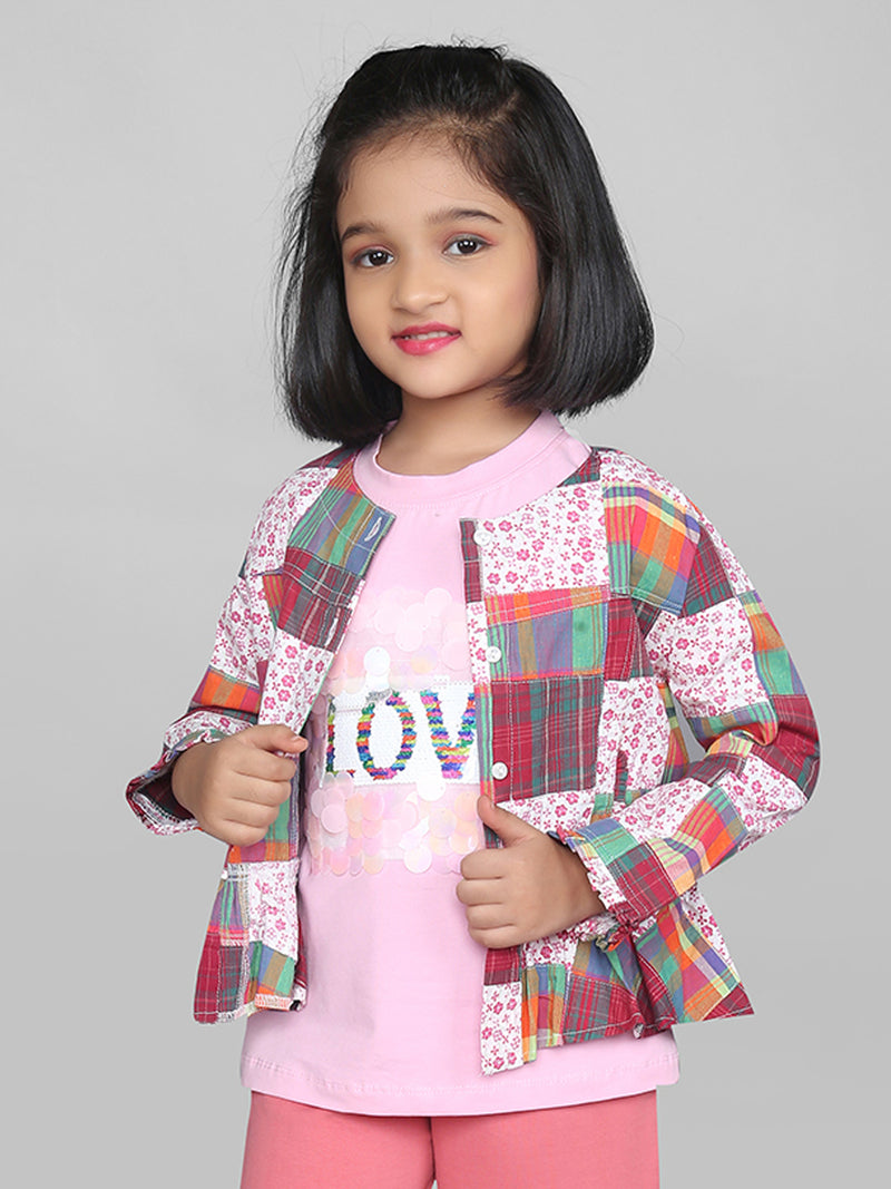 Multicolor Button Closure Two Pockets Girls Jacket