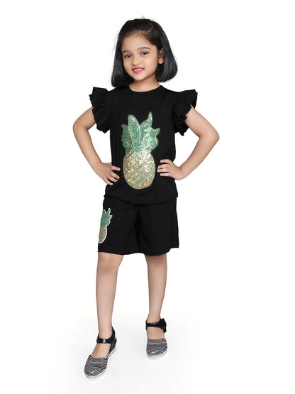 Black Half Sleeve Pineapple Design T-Shirt and Short Co-ord Set