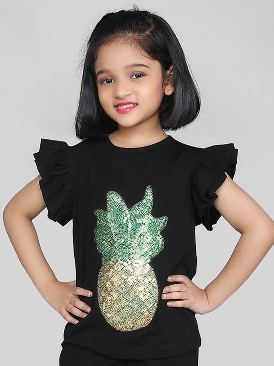 Black Half Sleeve Pineapple Design T-Shirt and Short Co-ord Set