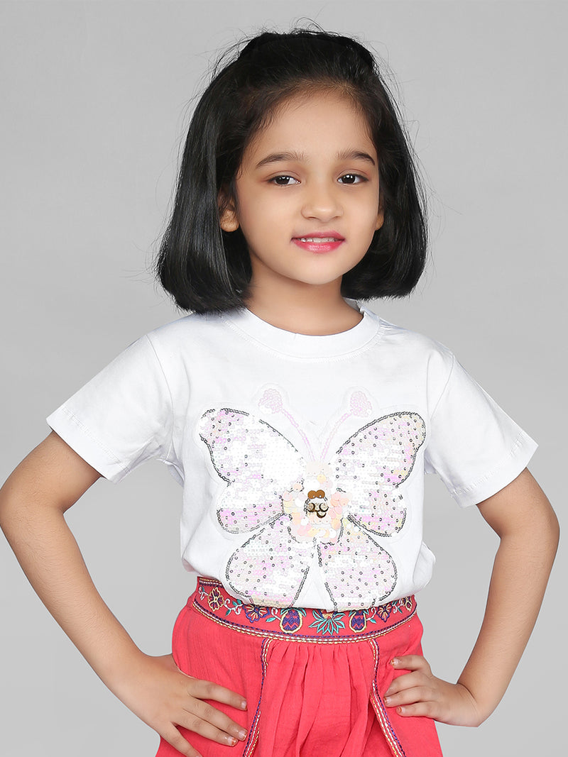 Girls White and Red Butterfly T-Shirt and Embroidered Skirt Co-ord Set