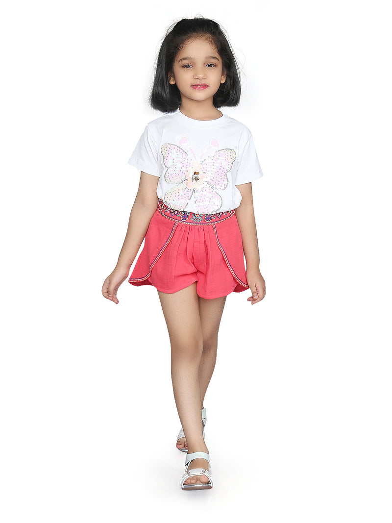 Girls White and Red Butterfly T-Shirt and Embroidered Skirt Co-ord Set