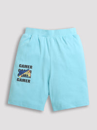 Pack of 2 Mint Green-Sun Surf IceCream & Sky Blue-Gamer Print Cotton Shorts