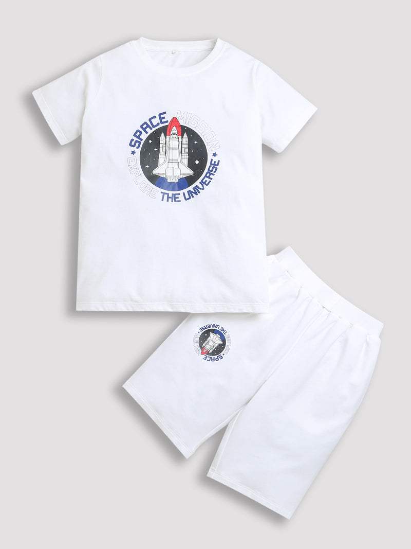 Pure Cotton White Space Print Half Sleeve T-shirt & Shorts Boys Co-Ord Set