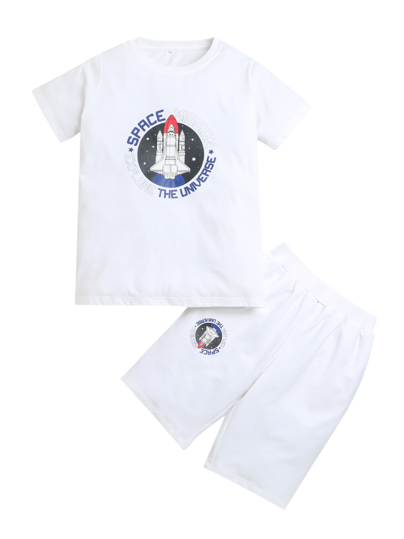 Pure Cotton White Space Print Half Sleeve T-shirt & Shorts Boys Co-Ord Set