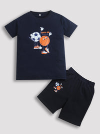 Pure Cotton Navy Blue Football & Basket Ball Print Co-Ord Set