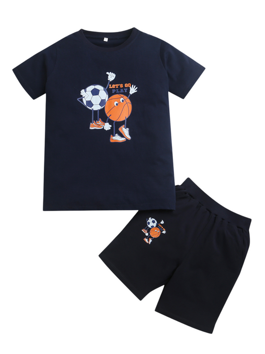 Pure Cotton Navy Blue Football & Basket Ball Print Co-Ord Set