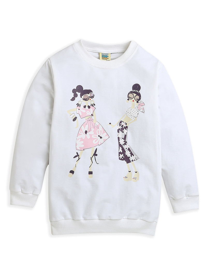 Girls Pink Full Sleeve Cotton Printed Fleece T-shirt