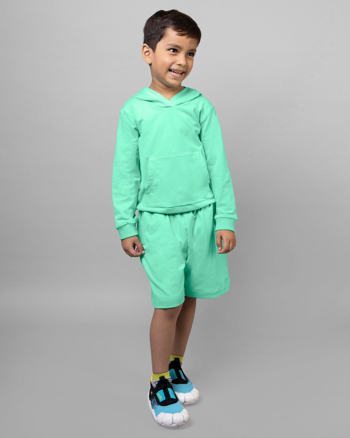 Mint Green Full Sleeve Hoodie & Shorts Boys Co-ord set